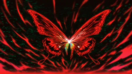 masterpiece, best quality, no humans, abstract, abstract background, colorful, colorful palette, red theme, glowing, single butterfly, (huge butterfly:1.5), red butterfly, red aura, energy, water, nebula, dark theme, horror \(theme\)