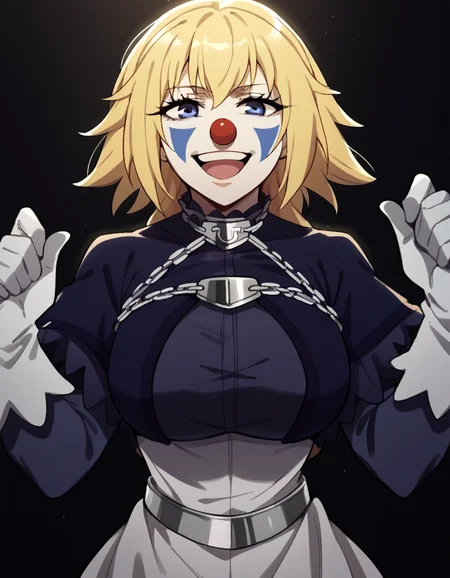 score_9, score_8_up, score_7_up, source_anime, <lora:jeanne-d-arc-apocrypha-s1-ponyxl-lora-nochekaiser:1>, jeanne d arc, blonde hair, blue eyes, long hair, large breasts,, <lora:clown-ponyxl-lora-nochekaiser:1>, clown, makeup, clown nose, facepaint, gloves, long sleeves, frills, dress,, smile, open mouth, smug, , dutch angle, cowboy shot