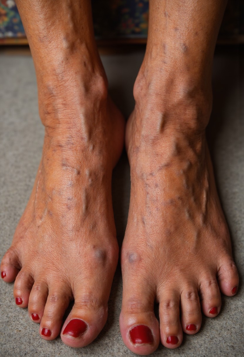 age spots, textured surface. The subject's feet are wrinkled and aged, which are positioned symmetrically and centrally in the frame. The person's feet are wrinkled, This photograph captures a close-up, glossy red, and brown. The person's skin is a light to medium brown tone, likely belonging to an older woman