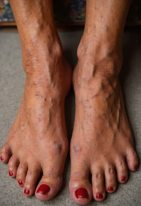 age spots, textured surface. The subject's feet are wrinkled and aged, which are positioned symmetrically and centrally in the frame. The person's feet are wrinkled, This photograph captures a close-up, glossy red, and brown. The person's skin is a light to medium brown tone, likely belonging to an older woman