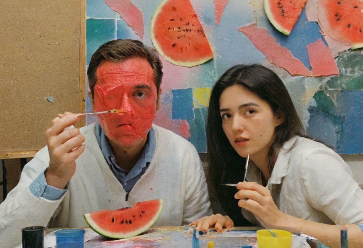 A closeup photo, of pretentious male and female Artists,  in a messy artist painting studio, staring into camera, behind them are abstracted watermelon paintings, Leica M3, depth of field, dramatic lighting, complex shadows, golden hour, expired film, in the style of nan goldin, film grain, bad photo, poor quality,