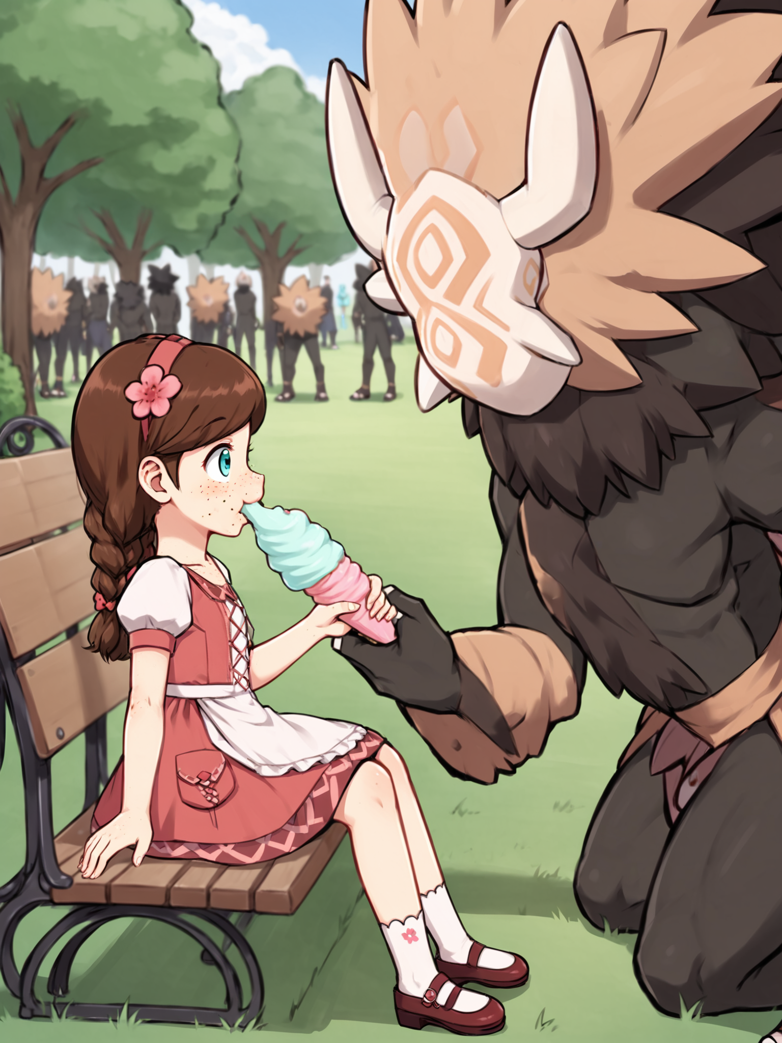 score_9, score_8_up, score_7_up, score_6_up, score_5_up, source_anime BREAK
<lora:Genshin_NPC_EllaMusk_Pony_v1:0.8>, 1girl, 1boy, solo, full body, (park, grass, trees, sitting on park bench together:1.3), (everyone  eating icecream:1.9), (hilichurl:1.8), (wearing loincloth, teal eyes, brown hair, swept bangs, twin braids, (hair flower:1), collarbone, pink dress, flower pattern, short sleeves, white sleeves, (white apron:1.1), puffy sleeves, white socks, bobby socks, brown footwear, (mary janes:1.5), (freckles on cheeks and nose:1.3), (tareme:1.5), smiling, happy, from side, (size difference:1.3), open mouth,