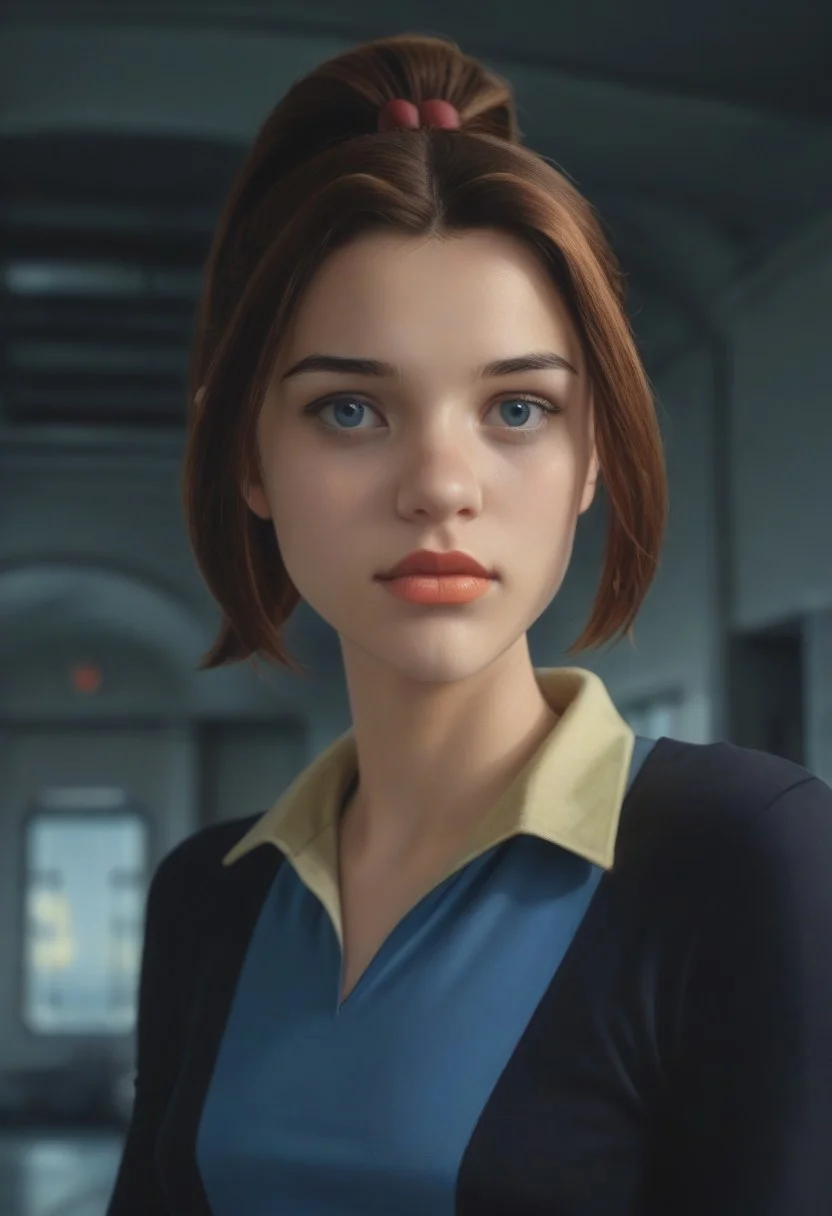 score_9, score_8_up, score_7_up, realistic photo of ktprd, 18-year-old 1girl, unique angle, unique framing, upper body, face focus, (looking at viewer), parted lips, 1girl, brown hair, high ponytail, orange lips, blue eyes, hero bodysuit, yellow belt, by loish, masterpiece, lips parted, slim figure, petite, (indoors, sci-fi room, meta walls, blurred background, shadowed background), side lighting, warm lights