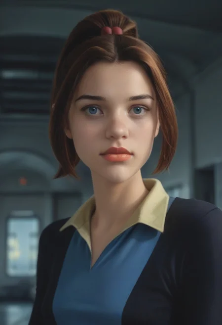 score_9, score_8_up, score_7_up, realistic photo of ktprd, 18-year-old 1girl, unique angle, unique framing, upper body, face focus, (looking at viewer), parted lips, 1girl, brown hair, high ponytail, orange lips, blue eyes, hero bodysuit, yellow belt, by loish, masterpiece, lips parted, slim figure, petite, (indoors, sci-fi room, meta walls, blurred background, shadowed background), side lighting, warm lights