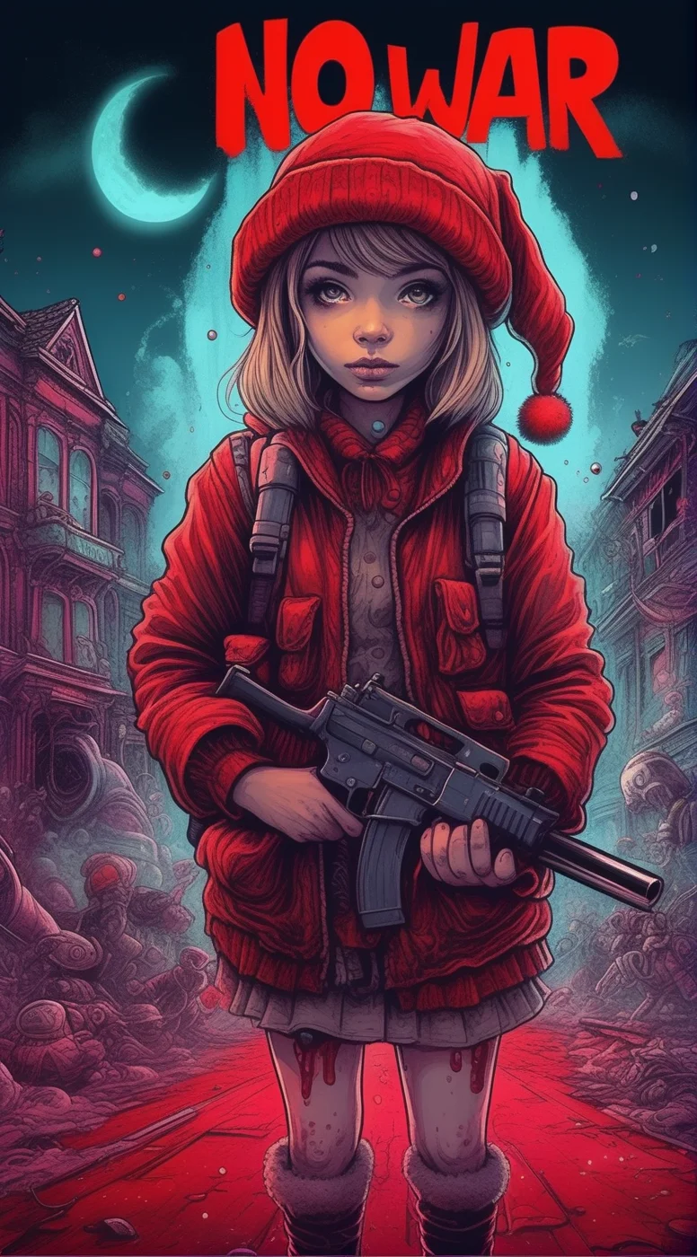 drawix4 blackboard with text no war! , girl in a Santa Claus hat and costume, with a gun, doused with red liquid, Christmas, destroyed buildings in the background, a dark and mysterious world unfolds, enigmatic dreamscape surrealistic <lora:drawix4:1>