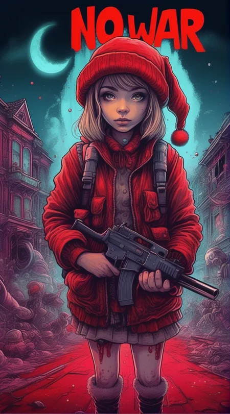 drawix4 blackboard with text no war! , girl in a Santa Claus hat and costume, with a gun, doused with red liquid, Christmas, destroyed buildings in the background, a dark and mysterious world unfolds, enigmatic dreamscape surrealistic <lora:drawix4:1>