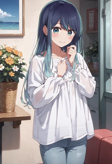 score_9, score_8_up, score_7_up, , score_ANIME,kurokawaakane, 1girl, solo, long hair, smile, blue hair, blush, long sleeves, smock, hand on own chest, bangs, standing, collarbone, closed mouth, blue jeans, hand up, gradient hair, aqua eyes, <lora:kurokawaakane_pony2:1> cowboy shot,smile