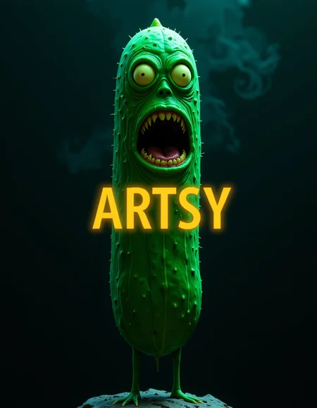 Carnivorous Cucumber. The text reads "ARTSY". Dimly lit horror aesthetic. Text is rounded, fun typface. Text is centered and glowing. Thin legs.