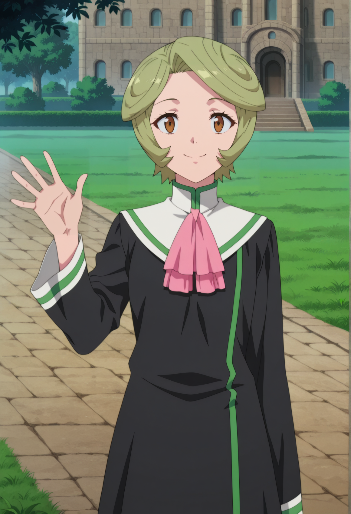 anime screenshot, anime screencap, anime coloring, 1girl, green hair, short hair, brown eyes, black tunic, white collar, pink ascot, outdoors, gardent, looking at viewer, smile, cowboy shot, waving  <lora:lapis_seikishi:1>, masterpiece, best quality, amazing quality, very aesthetic, absurdres, highres, newest