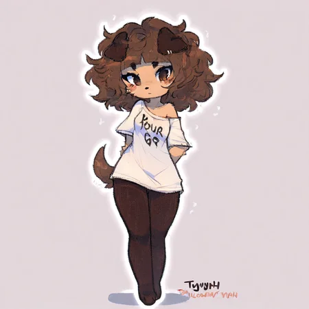 Mimi Typh, Mimi, solo, human dog, furry, brown hair, brown eyes, light brown skin, floppy dark brown dog ears, brown tail, small blush, dancing, oversized white shirt, black leggings, white backgound