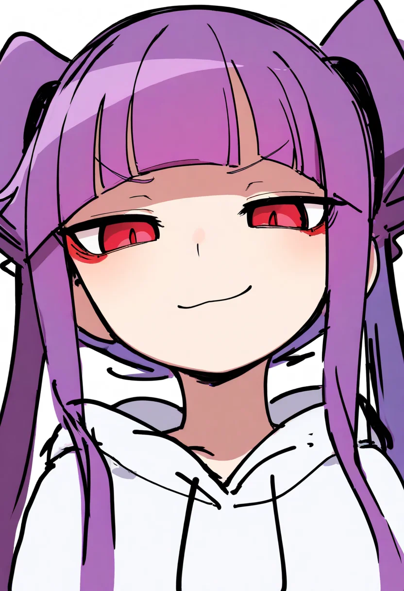 best quality, amazing quality, very aesthetic, absurdres, sketch,
BREAK
1girl, althea, purple hair, blunt bangs, twintails, long hair, red eyes,
solo, closeup, smug, looking at viewer, white hoodie, upper body, close-up, white background,
<lora:AltheaNoobXL_byKonan:1>, <lora:DoodleNoob_byKonanV2:1>