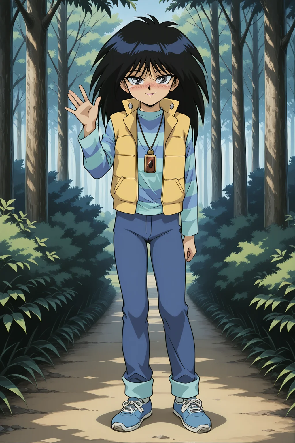 masterpiece,best quality,amazing quality, MokubaKaibaYGOILXL, 1boy, retro artstyle, grey eyes, black hair, long hair, bangs, flat chest, necklace, yellow vest, blue shirt, striped shirt, blue pants, blue shoes, solo, full body, standing, waving, seductive smile, looking at viewer, naughty face, nose blush, forest, tree    <lora:MokubaKaibaYGOILXL:1>