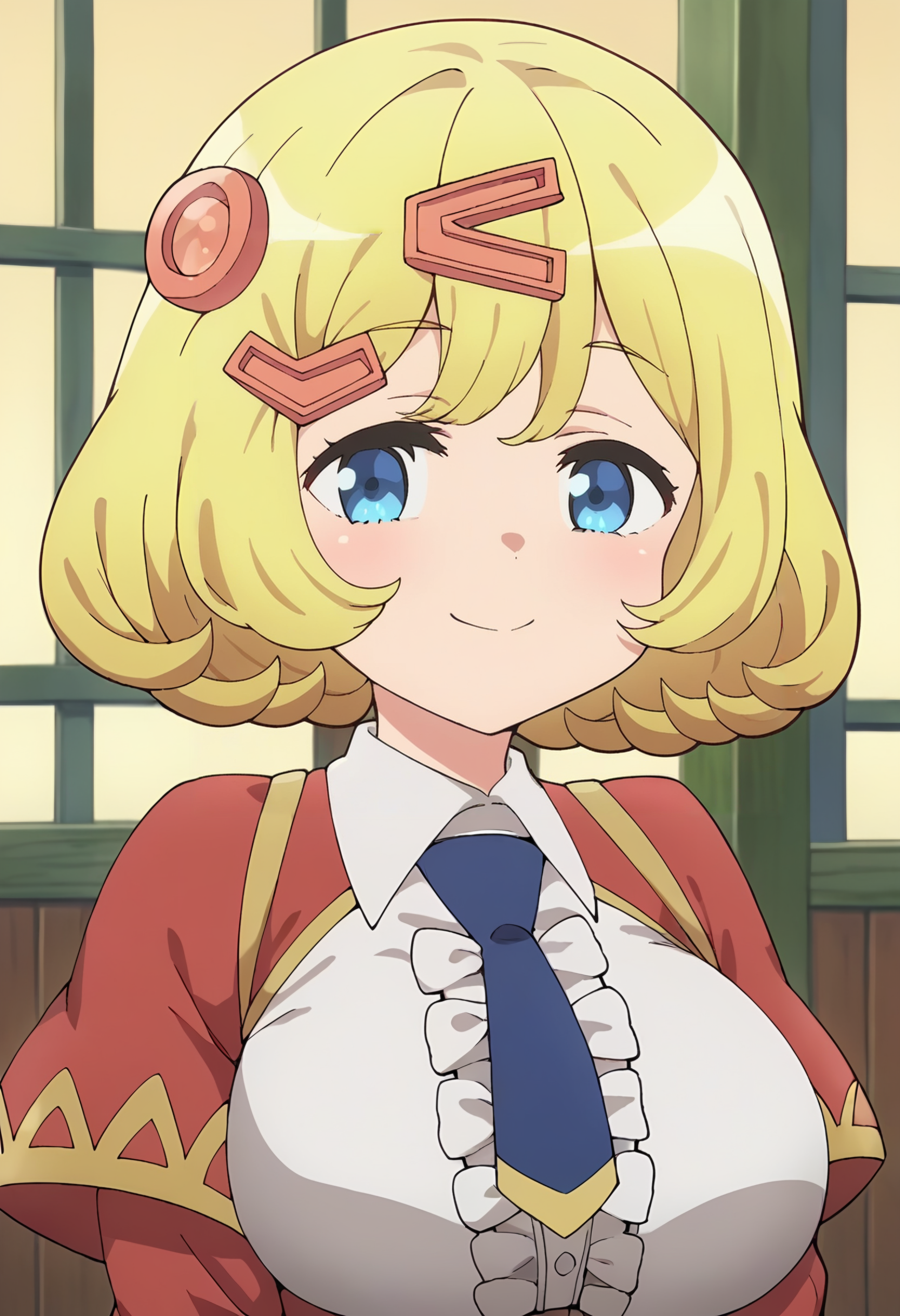 <lora:Esyne:0.9> Esyne, 1girl, blue eyes, blonde hair, solo, hair ornament, large breasts, short hair, hairclip    , center frills, blue necktie, long sleeves, collared shirt , red capelet,  looking at viewer, smile, portrait, score_9, score_7_up,anime coloring ,source_anime, anime