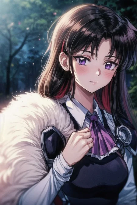 masterpiece, best quality 1girl Setsun4 solo long hair, (night time) forest background black hair very long hair purple eyes multicolored hair armor (fur trim) (medium body),<lora:EMS-179-EMS:0.800000>,<lora:EMS-293862-EMS:0.800000> bow, hair_bow, hair_tubes, red_bow, brown_hair, long_hair, bangs, ascot, frilled_bow, yellow_ascot, blush, smile, hair_between_eyes, athletic, armor, miko
