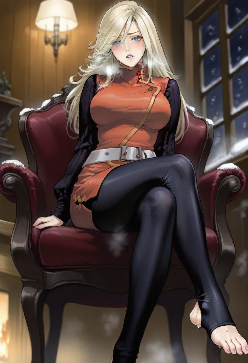 masterpiece,best quality,amazing quality,
<lora:yokoBelnadesIL:1>,cvyoko,
1girl,solo,
blonde hair,long hair,bangs,blue eyes,looking at viewer,parted lips,
black long sleeves sweater underneath,red tunic,high collar,white belt,
black tights,
sitting,on chair,cross legs,from below,
blurry background,depth of field,soft lighting,light particles,vignetting,
indoors,window,snow,vintage style,night,warm,lamp,fireplace, toenail polish, nail polish, steam, ((sweaty feet)), ((sweaty toes)), solo, blush, embarrassed, ((toeless legwear))