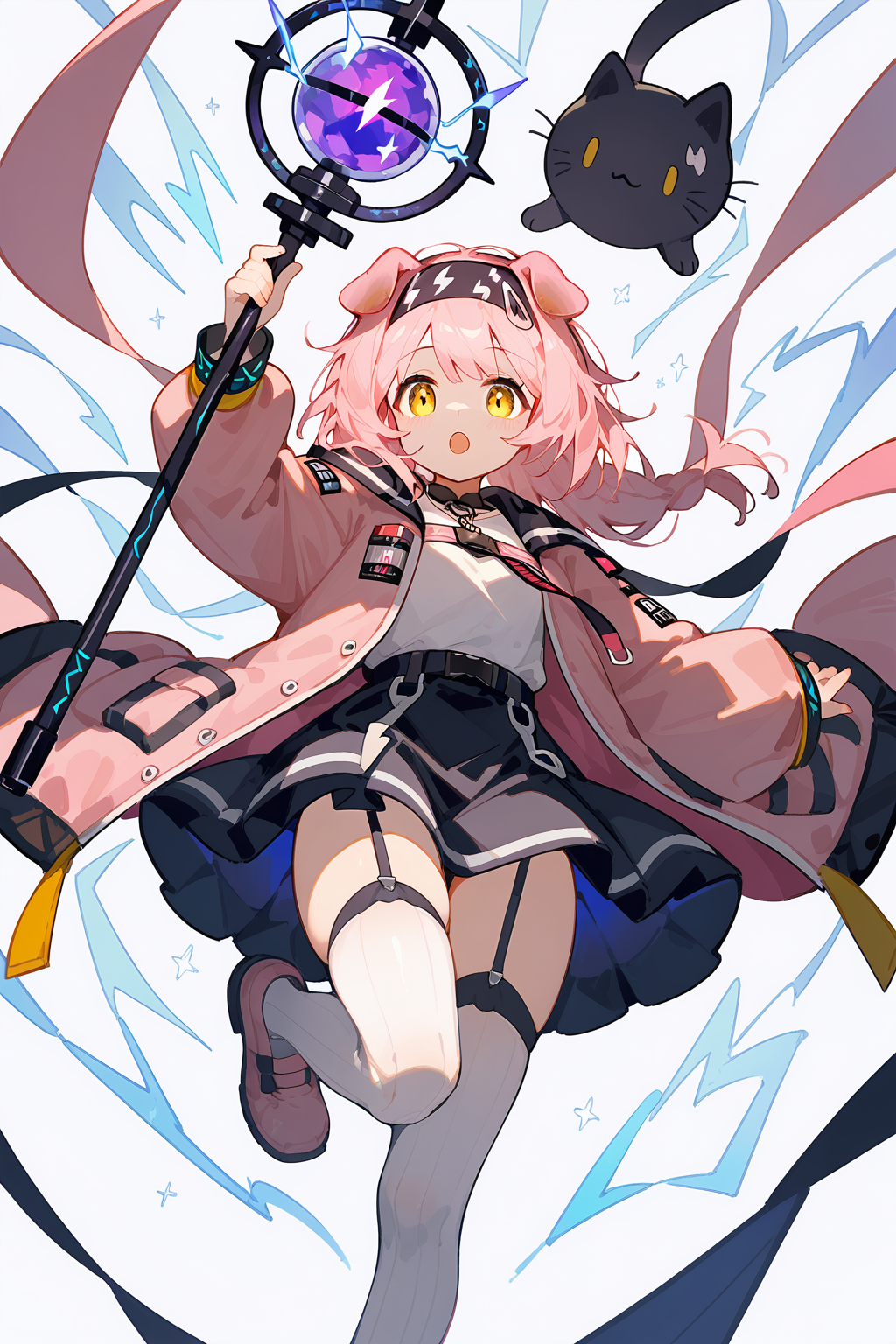 (score_9,score_8_up,score_7_up),<lora:Goldenglow(Arknights)-v1-000006:0.8>,goldenglow (arknights),1girl,solo,animal ears,thighhighs,cat ears,pink hair,long hair,skirt,open mouth,holding,garter straps,yellow eyes,black hairband,electricity,white thighhighs,black skirt,shirt,white shirt,open clothes,hairband,looking at viewer,long sleeves,staff,jacket,holding staff,cat girl,shoes,arm up,cat tail,pink coat,zettai ryouiki,pink footwear,bangs,hair down,floppy ears,
good feet,anime,NSFW,expressive,amazing quality,ultra hd 32k,