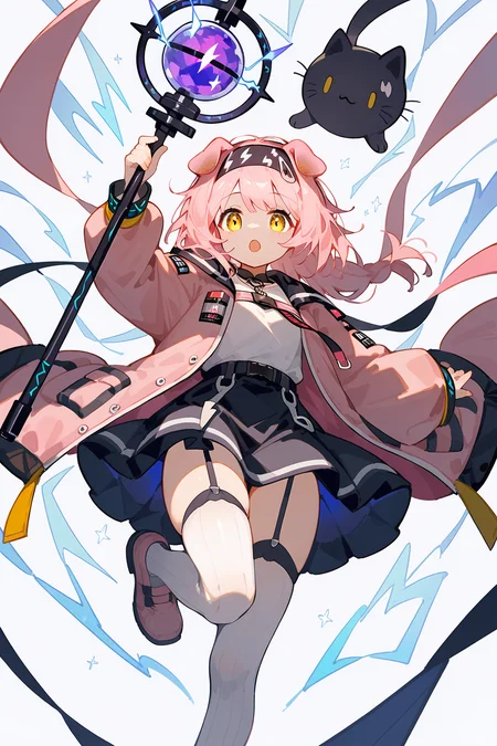(score_9,score_8_up,score_7_up),<lora:Goldenglow(Arknights)-v1-000006:0.8>,goldenglow (arknights),1girl,solo,animal ears,thighhighs,cat ears,pink hair,long hair,skirt,open mouth,holding,garter straps,yellow eyes,black hairband,electricity,white thighhighs,black skirt,shirt,white shirt,open clothes,hairband,looking at viewer,long sleeves,staff,jacket,holding staff,cat girl,shoes,arm up,cat tail,pink coat,zettai ryouiki,pink footwear,bangs,hair down,floppy ears,
good feet,anime,NSFW,expressive,amazing quality,ultra hd 32k,