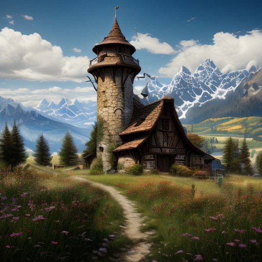 realistic analog photo, award winning photo, 
fantfa, background, mountains, apple trees, foreground, field, house, fence, farm, farmland, witow, a tall high fantasy wizard tower, blue sky
wide shot, high-quality, crisp, sharp, professional-grade, high-resolution, fine detail, accurate colors, low noise, fast shutter speed, wide dynamic range, precise focus, RAW, highres, 8k, uhd, High Dynamic Range, tonemapping, crisp details,