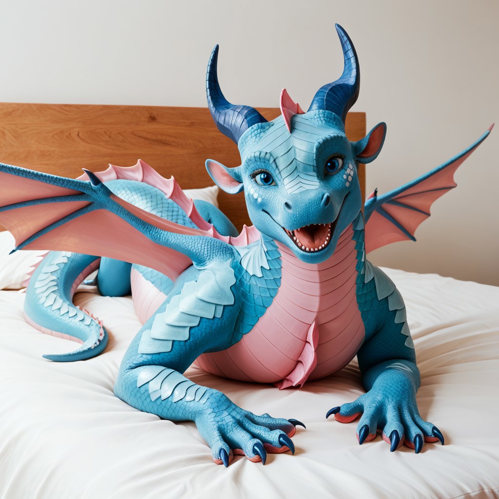 score_9, score_8_up, score_7_up, score_6_up, score_5_up, score_4_up, masterpiece, high quality, realistic, detailed, best quality, white bed, solo, rating_safe, source_furry, bedroom, smiling, open mouth smile, happy, detailed eyes, detailed face, (looking at viewer), lying on belly, Seawing_wof, aquatic scales, chin tendrils, dragon, scales, wings, horns, blue horns, tail, head frill, claws, chest frill, webbed claws, webbed feet, wing pattern, Anemone_wof, 1girl, female, blue horns, cyan scales, pink wings, blue eyes, pink frill, spread wings