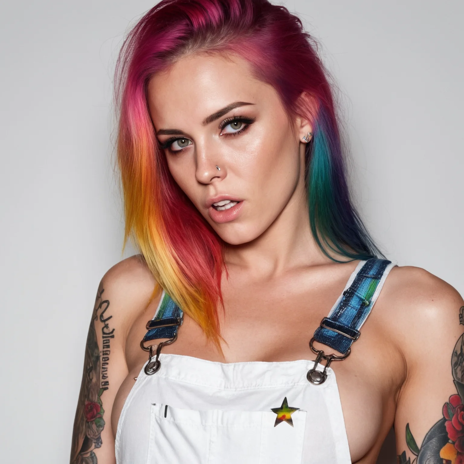 polaroid photo attractive grungy nude woman with rainbow hair, drunk, angry, soft eyes and narrow chin, dainty figure, long hair straight down, torn overalls, basic white background, side boob, tattooed, pierced, biting lip, wet shirt, wet, raining, highly detailed face, realistic face, beautiful detailed eyes, fantasy art, in the style of greg rutkowski, illustration, epic, fantasy, intricate, hyper detailed, artstation, concept art, smooth, sharp focus, ray tracing, vibrant, . flash photography, light bleed, scratches, Terry Richardson style