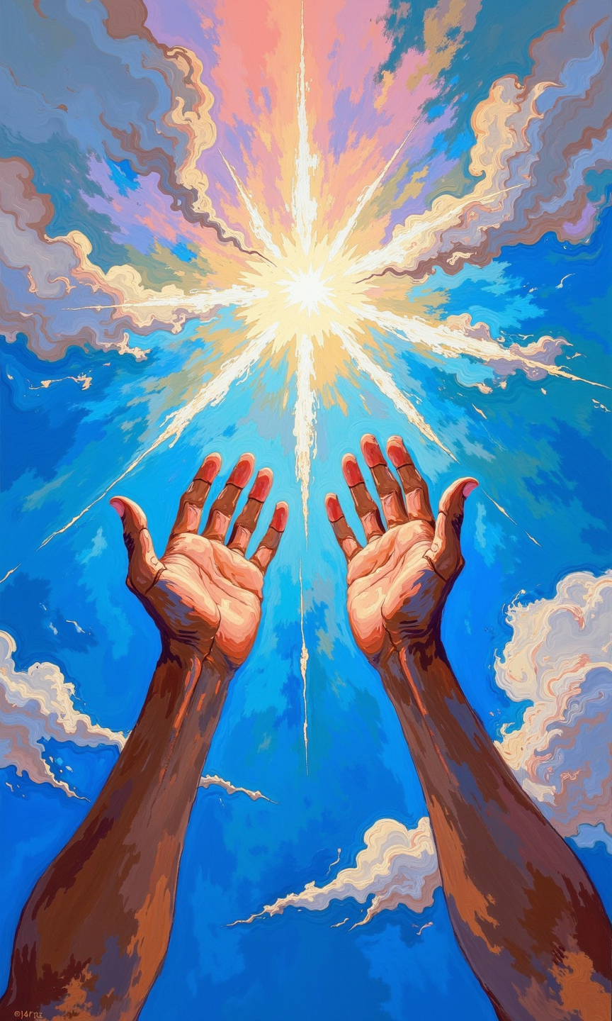 A vibrant, abstract painting depicts hands raised towards a radiant light source in a celestial sky. 
The sky is a mix of deep blues, light blues, and soft pastels like pinks, lavenders, and whites.   Impressionistic brushstrokes create a sense of clouds, light, and atmosphere. Bright, radiating light beams emanate from a central, luminous point, suggestive of the sun or a divine light. 
Two outstretched, human hands, painted with visible detail and texture, are positioned prominently in the foreground.  The hands are a mix of browns, tans, and grays, and the skin appears to be slightly rough, conveying a sense of humanity. The lines and colors used in painting the hands contribute to the ethereal/spiritual nature of the scene.
The overall impression is one of fervent prayer or spiritual connection to a divine presence. The mix of bright colors and abstract brushwork creates a dynamic and emotionally engaging image.
<lora:FLUX-daubrez-DB4RZ-v2:1> DB4RZ, DB4RZ style painting