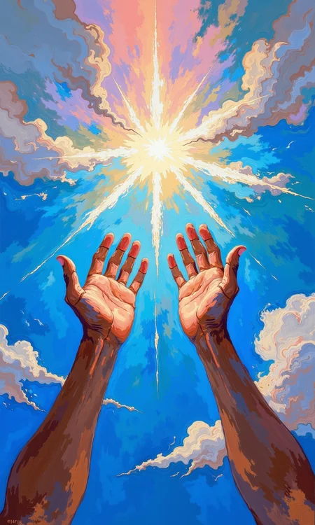 A vibrant, abstract painting depicts hands raised towards a radiant light source in a celestial sky.
The sky is a mix of deep blues, light blues, and soft pastels like pinks, lavenders, and whites. Impressionistic brushstrokes create a sense of clouds, light, and atmosphere. Bright, radiating light beams emanate from a central, luminous point, suggestive of the sun or a divine light.
Two outstretched, human hands, painted with visible detail and texture, are positioned prominently in the foreground. The hands are a mix of browns, tans, and grays, and the skin appears to be slightly rough, conveying a sense of humanity. The lines and colors used in painting the hands contribute to the ethereal/spiritual nature of the scene.
The overall impression is one of fervent prayer or spiritual connection to a divine presence. The mix of bright colors and abstract brushwork creates a dynamic and emotionally engaging image.
<lora:FLUX-daubrez-DB4RZ-v2:1> DB4RZ, DB4RZ style painting