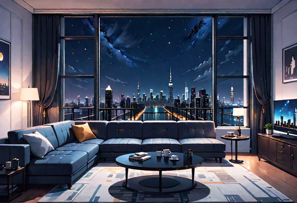 ((front view)), Shallow scene, (((animation style))), (night), modern-style interior, with white walls, (large windows), a  study, Sofa, coffee table, bookcase, single wall, ((dark room)), quiet and mysterious night sky,  city night view, (City high-rise building scenery), (City scenery outside the window), starry sky, moonlight,