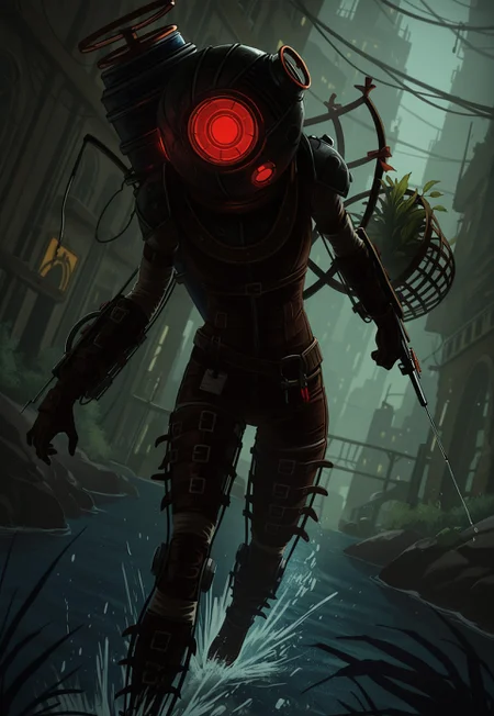 masterpiece, best quality, BREAK,  dynamic angle, 1girl, solo, bigsisterb2, bodysuit, helmet, glowing eye, red eye, air tank, basket, syringe, running towards viewer, 1960's art deco, city, neon lights, wires, sparks, debris, horror theme, water, detailed scenery,   foliage, windows, glass, ocean, cinematic lighting