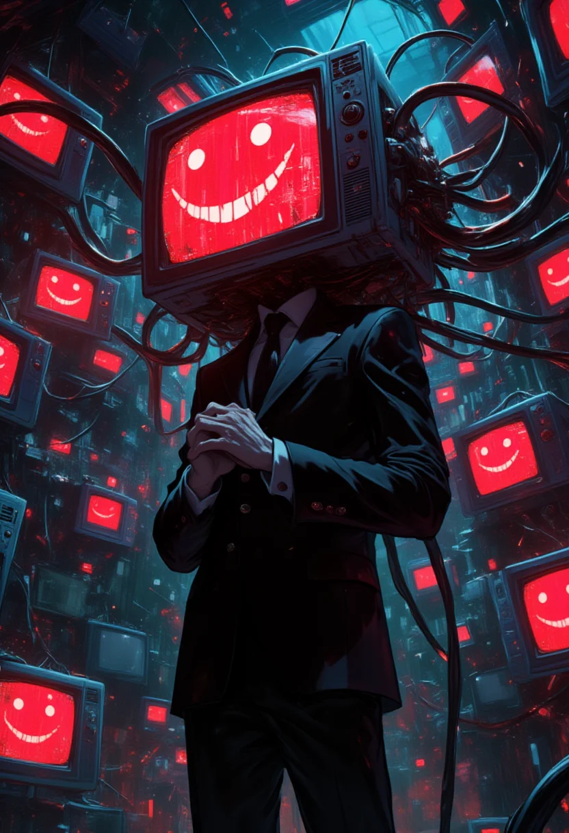 A surreal and eerie scene featuring a man with a television as his head, displaying a sinister red smiley face dripping with digital distortion. The figure is dressed in a sharp, dark suit, standing in a dimly lit, dystopian environment. Thick, black cables emerge from the back of the TV head, intertwining with the background's chaotic mess of wires and broken screens, all bathed in an ominous red glow. The manâs hands are clasped together, giving off a menacing yet composed demeanor, as if he is in control of this chaotic digital landscape. The atmosphere is dark, unsettling, and charged with a sense of looming danger, aiai-Glimra, aiai-4p4rt <lora:aiai-Glimra-Flux-Dev-v2:0.5> <lora:aiai-4p4rt-Flux-Dev-v6:0.5>