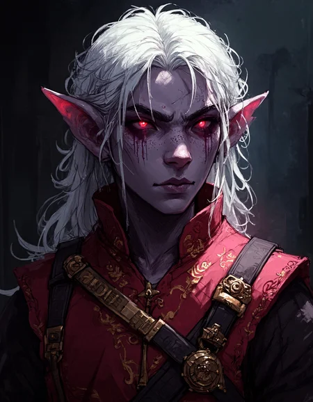 cflxillst
wc1dnd_style

A highly detailed close-up portrait of a very young dark elf. His skin is a soft violet hue, contrasting with his deep crimson eyes that hold an intense and determined gaze despite his youthful features. His wavy, white hair cascades over his shoulders, framing his delicate yet strong face. He wears a luxurious red tunic, intricately embroidered with gold patterns, hinting at noble heritage or arcane significance. The lighting is soft and atmospheric, casting subtle shadows that accentuate the texture of his skin and fabric. The background is blurred, with dark, mysterious tones enhancing the mystical aura of the scene.


The lighting is dramatic, casting deep shadows that emphasize her sharp, angular features. The background is blurred and dark, evoking the mysterious depths of the underworld.


