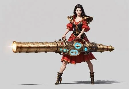 score_9, score_8_up, score_7_up, rating_safe, concept art, semi-realistic, 1girl, solo,
Young beautiful face, fit body,
HHWeapon, Holding weapon, ((Huge weapon)),
Holding weapon with two hands.
Fantasy gun. Cannon gun.
Simple background.