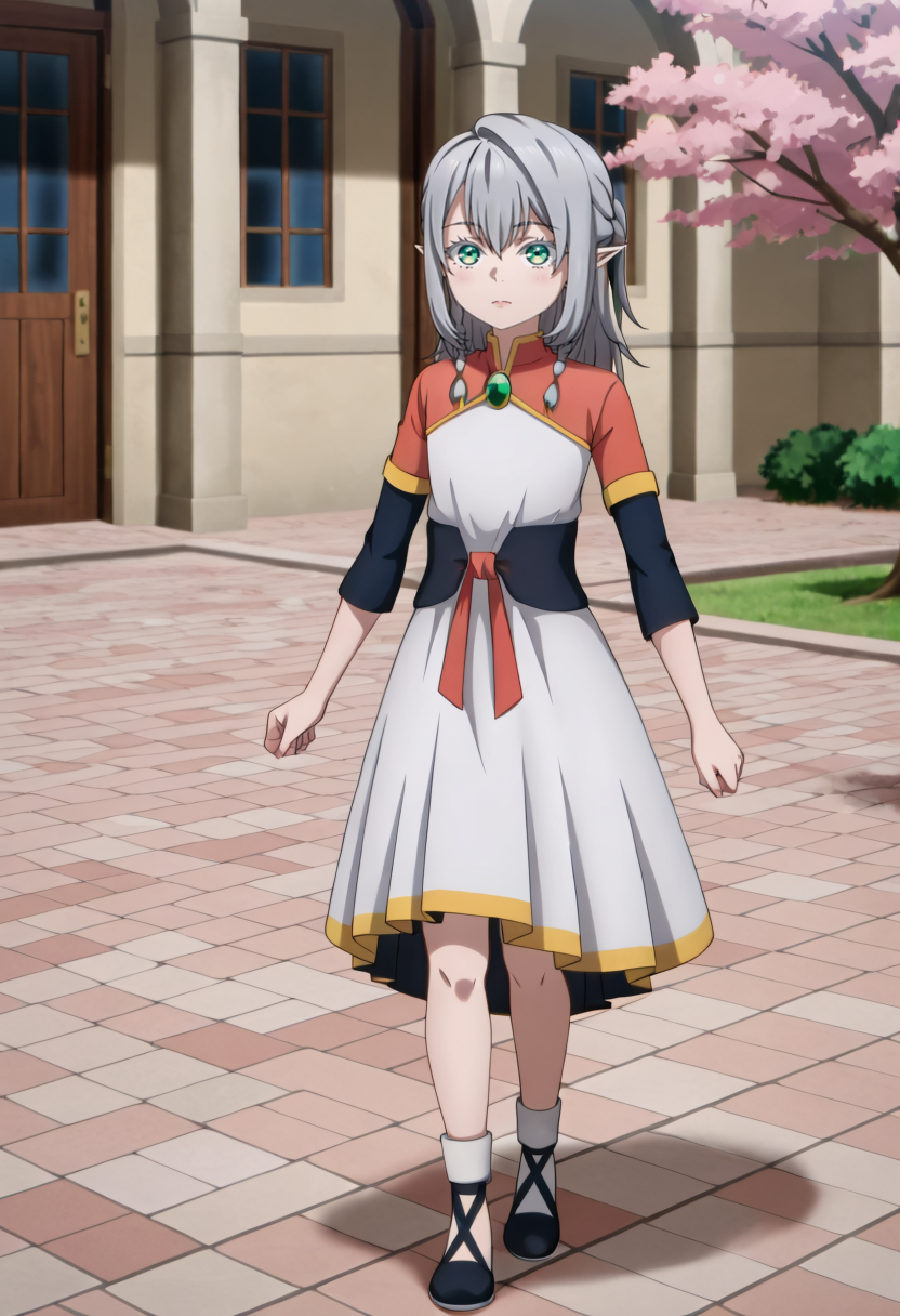 <lora:Young Tessia_IL:1>Young Tessia, 1girl, gray hair, pointed ears, elf, green eyes, white asymmetrical dress with yellow trim, red sash waist tie, black long-sleeve undershirt, green gem pendant necklace, white thigh-high socks, black crisscross strap shoes
 City gym with cherry blossom trees in the courtyard