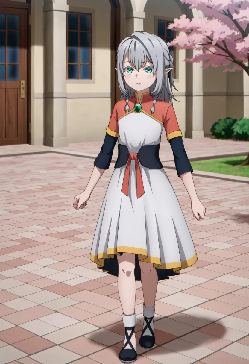 <lora:Young Tessia_IL:1>Young Tessia, 1girl, gray hair, pointed ears, elf, green eyes, white asymmetrical dress with yellow trim, red sash waist tie, black long-sleeve undershirt, green gem pendant necklace, white thigh-high socks, black crisscross strap shoes
 City gym with cherry blossom trees in the courtyard
