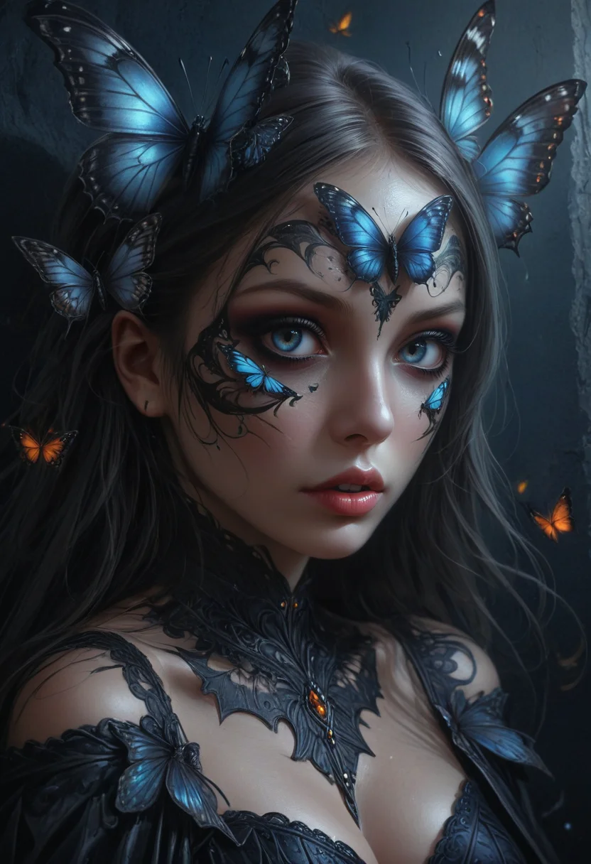 mobe-godeen, Hyperrealistic, digital artwork, digital painting, breathtaking masterpiece, stunning beauty, high detail, intricate textures, dark surrounding, low light, ethereal, glowing butterflies, vibrant colors, dark fantasy dreamlike atmosphere, captivating expression, expressive eyes reflecting, soft, delicate and detailed facial features, wall graffiti, <lora:GothicDetailEnhancer:1>, <lora:add-detail-xl:0.75>,