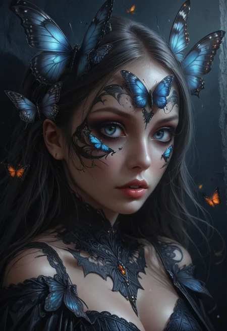 mobe-godeen, Hyperrealistic, digital artwork, digital painting, breathtaking masterpiece, stunning beauty, high detail, intricate textures, dark surrounding, low light, ethereal, glowing butterflies, vibrant colors, dark fantasy dreamlike atmosphere, captivating expression, expressive eyes reflecting, soft, delicate and detailed facial features, wall graffiti, <lora:GothicDetailEnhancer:1>, <lora:add-detail-xl:0.75>,