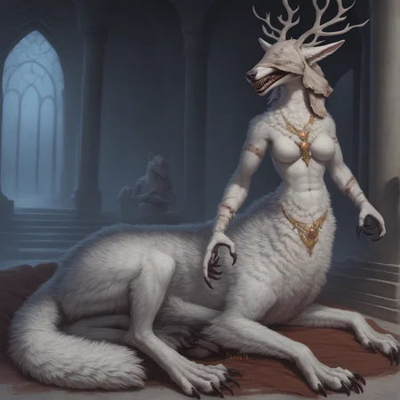 1girl, full body, <lora:Vicar Amelia (Bloodborne)_epoch_7:1> futanari anthro bbvicamelia, fur, fluffy fur, sharp teeth, claws, paws, digitigrade, golden pendant necklace, sitting on a bed, taur
<lora:Pony_DetailV1.0:1>, detailed, masterpiece,score_9, best quality