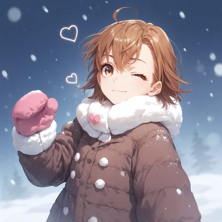 anime coloring, score_9, score_8_up, score_7_up, score_6_up, misaka20001 last-order, toaru, 1girl, solo, ahoge, brown hair, one eye closed, brown eyes, mittens, winter clothes, coat, short hair, heart ahoge, snow