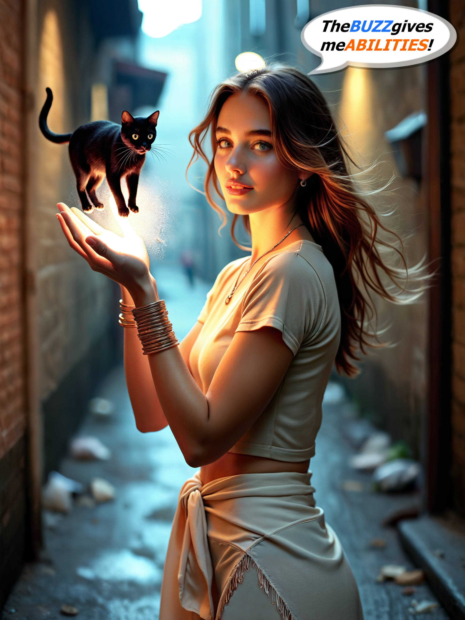 cinematic film still a woman holding a black cat on her hand and a cat on her shoulder, in the middle of a city street, Alena Aenami, magic, a photorealistic painting, fantasy art, pbr, a stock photo, natural light, a photorealistic painting, romanticism,  shallow depth of field, vignette, highly detailed, high budget, bokeh, cinemascope, moody, epic, gorgeous, film grain, grainy<lora:Flux-style-xl-lora:.5> <lora:add-detail-xl:.5>
