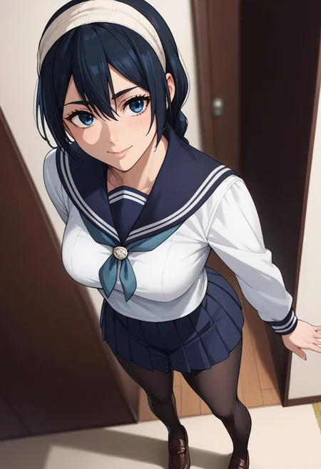 score_9_up, score_8_up, score_7_up, score_6_up, score_5_up, score_4, source_anime, 1girl, riko, black hair, braid, blue eyes, headband, school uniform, blue sailor collar, white serafuku, blue pleated skirt, black pantyhose, brown loafers,
solo, cinematic lighting, dynamic angle, unique angle, skin tight, bedroom, medium breasts, big butt, hips, thighs, above view, standing, smile