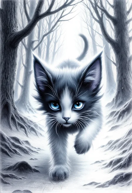 The black and white cat swiftly dashes through the dense forest, its paws leaving behind swift, dark impressions on the soft, moist earth. The rough sketch captures the agile grace of the feline, with erased lines suggesting a dynamic, energetic movement. This pencil drawing is a masterful work of art, trending on ArtStation for its captivating simplicity and intricate details. The blue pencil adds depth and contrast, creating a dreamlike atmosphere that highlights the cat's swiftness and the forest's mysterious allure.blue eyes , <lora:glowing_flux.safetensors:1.0>, <lora:FluxDFaeTasticDetails.safetensors:1.0>,