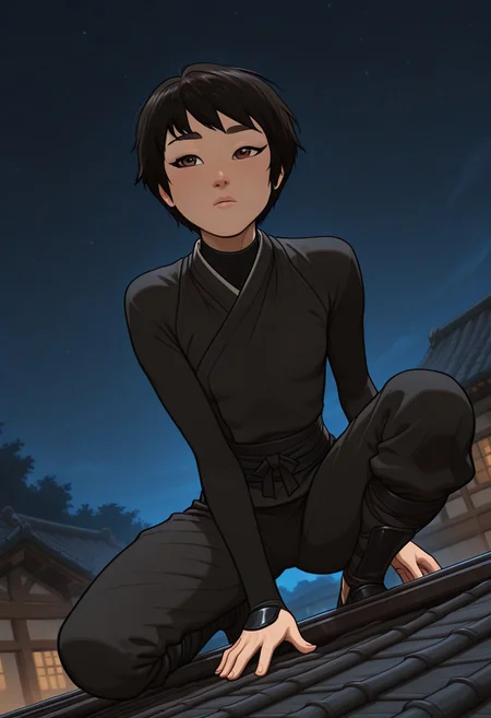 masterpiece,best quality,amazing quality,newest, absurdres, highres, detailed eyes, beautiful, perfect eyes, finely detailed face, very aesthetic, anime coloring, anime screencap, incoth, (incase:0.6), (depth of field)
1girl,
KimmyDKov, short hair, black hair, brown eyes, slim, small breasts,
ninja clothes, crouching, one knee on the roof,
dynamic pose, dutch angle,
medieval setting, japanese roof, japanese city, night,