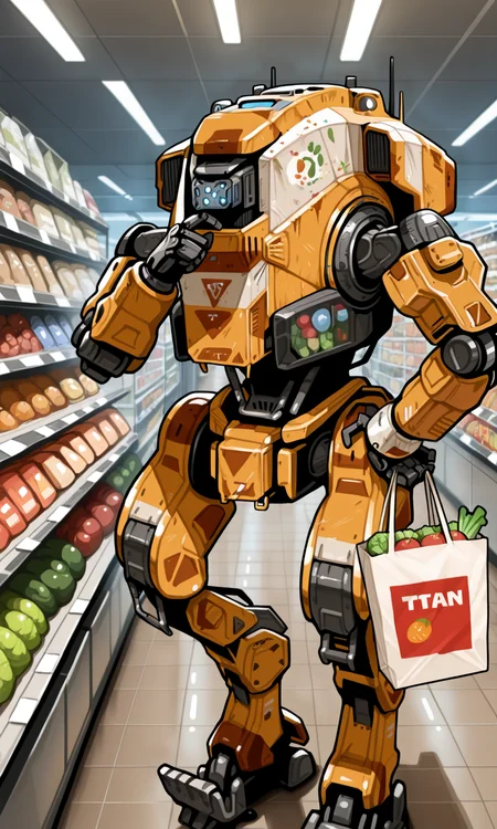 embedding:IllusP0s, titan_\(titanfall\), mecha, rubbing chin, thinking, grocery shopping, indoors, grocery store, no humans, hand on hip,<lora:titanfall.safetensors:1.0:1.0>