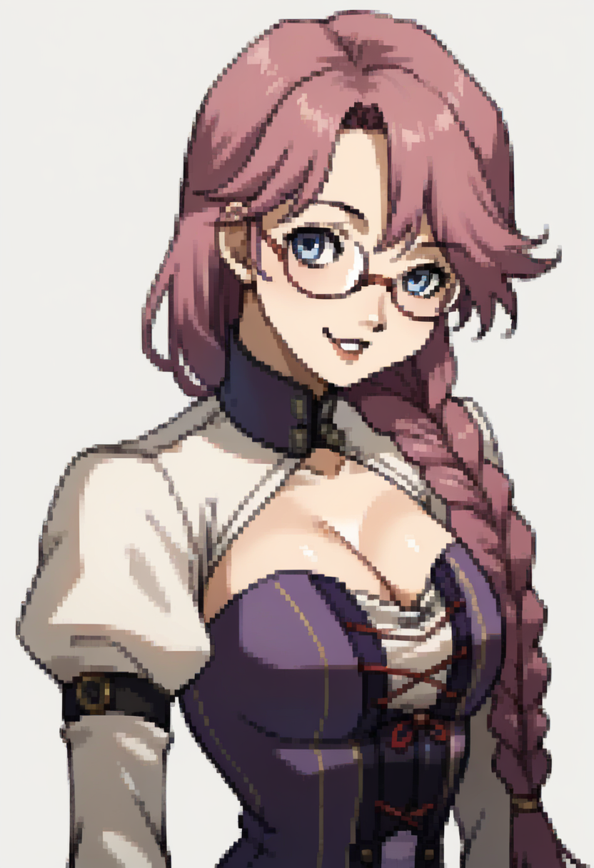 score_9, score_8_up, score_7_up, source_anime, BREAK 1girl, solo, smile, looking at viewer, <lora:P2-Protraits-pdxl_Fp:1> portrait, simple background, <lora:emma-rebake3:1> emmacs2, blue eyes, breasts, glasses, long sleeves, purple corset dress, red laces, white under skirt, white juliet sleeves, long hair, braided ponytail, pink hair, cleavage