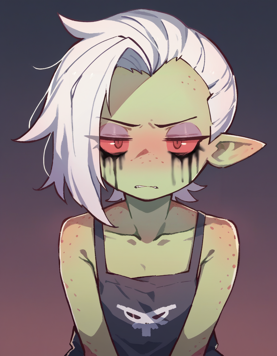 score_9, score_8_up, score_7_up, score_6_up, score_5_up, score_4_up, solo, 1girl, solo,
<lora:Orenji v3:1> orenji, green skin, red sclera, runny makeup, silver hair, freckles, \(wander over yonder\) Lord Dominator
