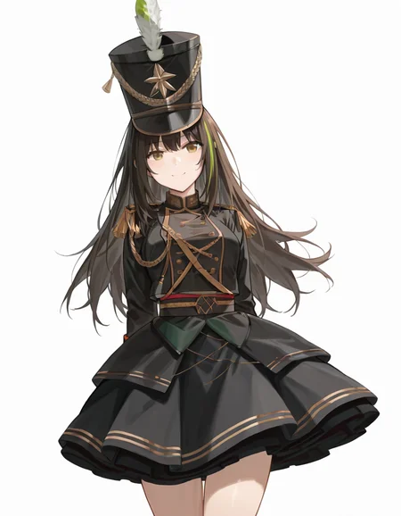 Volumetric Lighting, (masterpiece), (best quality), (ultra-detailed), masterpiece, source_anime, score_9, score_8_up, score_7_up BREAK, illustration, disheveled hair, detailed eyes, perfect composition, moist skin, intricate details BREAK, M4A1, long hair, black hair, streaked hair, green hair, golden eyes BREAK, M4orchest, ocs_shako_cap, ocs_epaulettes, ocs_band_uniform, ocs_skirt, ocs_hat_feather BREAK, ((white background)), smile,upper body, thighs, looking at viewer