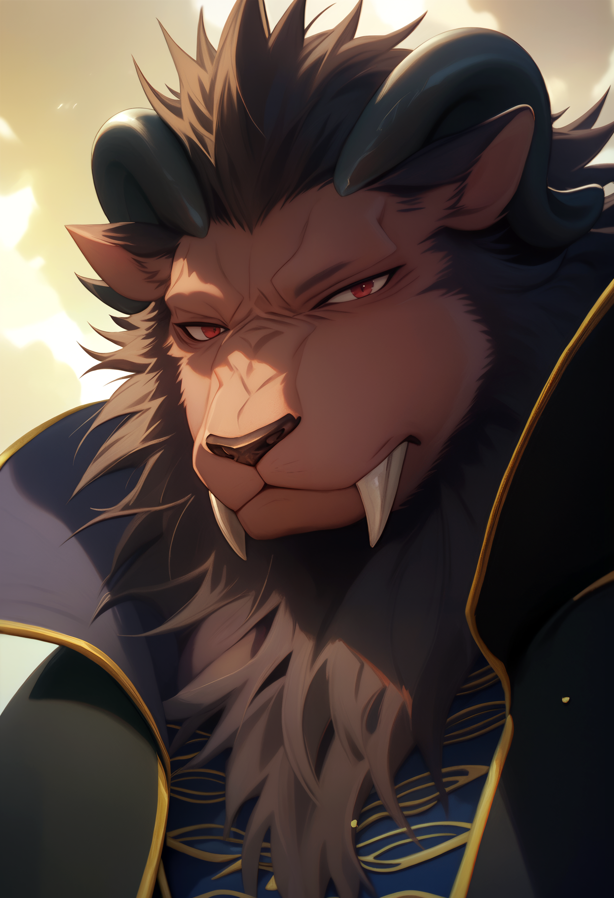 score_9, score_8_up, score_7_up, 8k, detailed design, detailed background, detailed characters, masterpiece, anthro only, furry only, 1boy, solo, l30nh4rt, bara, black cape, blue tunic,   close up, side angle, looking at viewer,