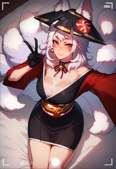 score_9, score_8_up, score_7_up, rating_explicit, cute girl, adult, (from above:0.7), taking selfie, looking at viewer, kneeling on bed, medium close up, peace sign, camera overlay, kosaka1st, medium hair, facial mark, red eyeshadow, forehead mark, makeup, fox ears, animal ear fluff, fox tail, black headwear, multiple tails, kimono, black kimono, red kimono, single earring, black gloves, halterneck, obi, checkered sash, neck ribbon, neck bell