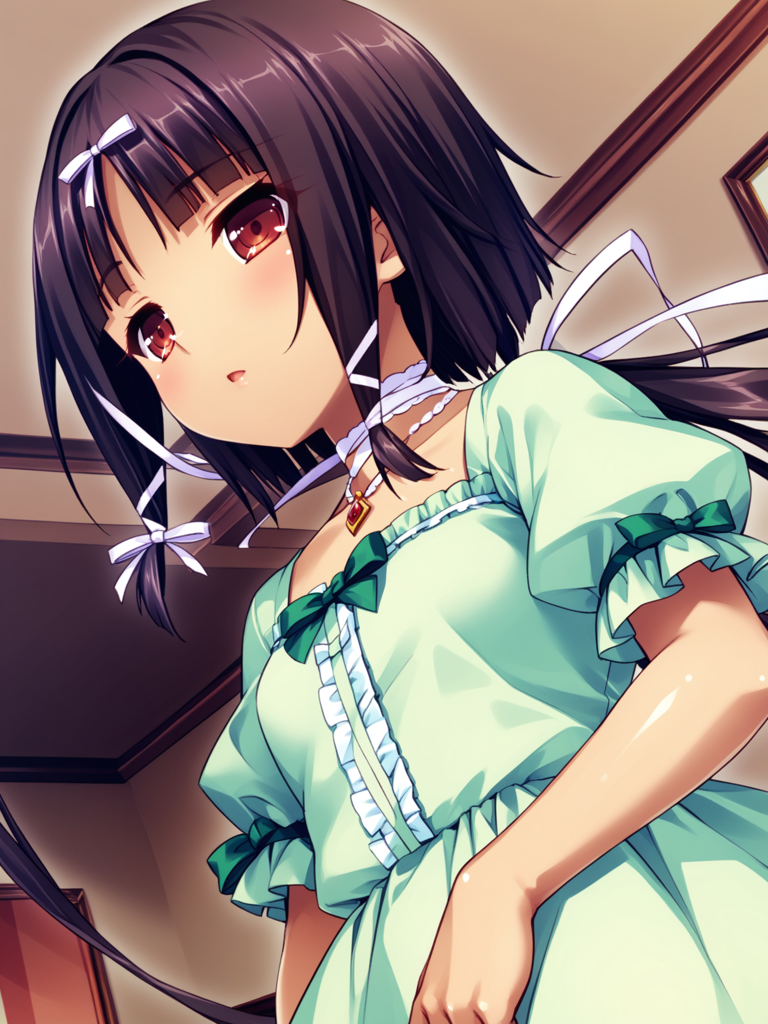 <lora:happy_tentacle-arle-v0.1-000034:0.9>, ht_arle, low ponytail, hair ribbon, green dress, frilled dress, puffy short sleeves, tress ribbon, choker, necklace, living room , 1girl, solo, portrait , , (doyagao :1.2), , looking down , standing , from side , score_9, score_8_up, score_7_up, score_6_up, score_5_up, score_4_up