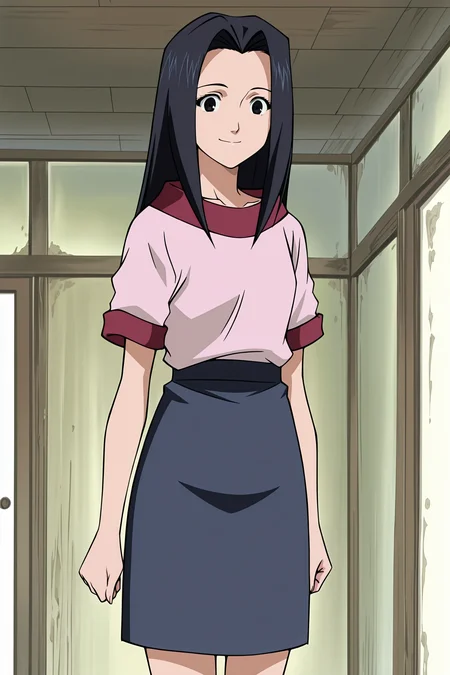 anime screencap, anime coloring, detailed face, masterpiece, best quality, very aesthetic, absurdres, volumetric lighting, official style, amazing quality, ultra detailed,  highres, amazing quality, scenery, beautiful detailed hair, beautiful detailed eyes,
<lora:StS-Illustrious-Detail-Slider-v1.0:4>
 <lora:Tsunami_Naruto:1>
indoors,
Tsunami (character), 1girl, solo, skirt, smile, long hair, black eyes, standing, shirt, black hair, short sleeves, looking at the viewer, cowboy shot