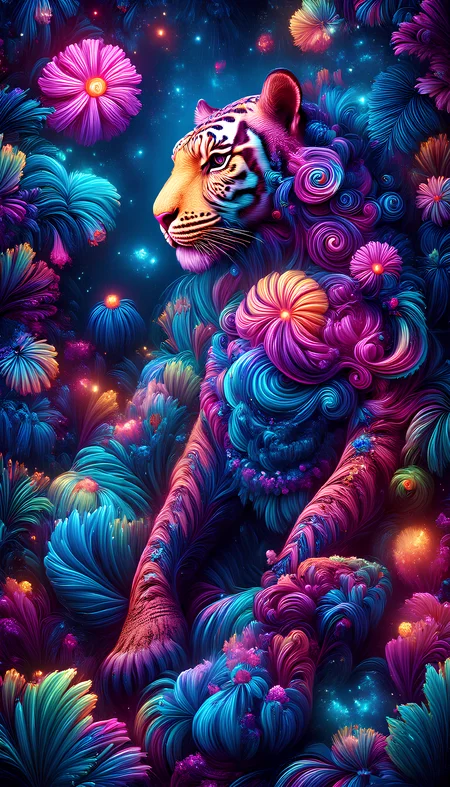 A majestic tiger with a flowing, psychedelic mane of swirling colors, lounging in a magical jungle. The tigerâs fur is patterned with neon fractals, and its eyes are deep, hypnotic spirals. The dense forest around is filled with glowing, oversized flowers and plants, all pulsating with an enchanting light. psydreamer